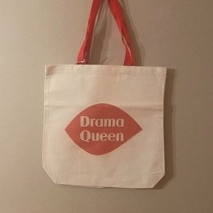 Drama Queen Tote, 14 wide x 14.5 long, cream with red writing, has red handles